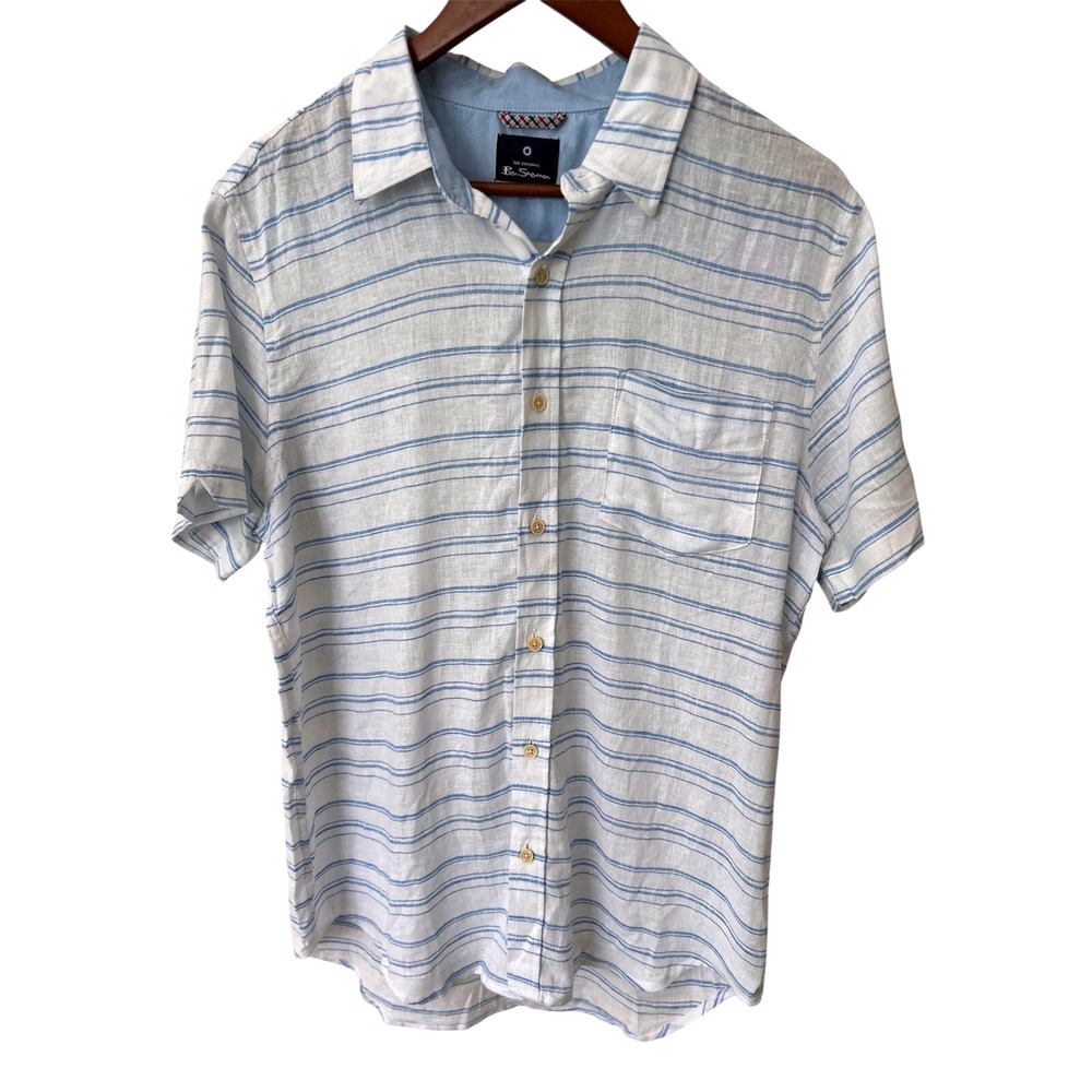 Ben Sherman Linen Blend Shirt | White & Blue | Size
